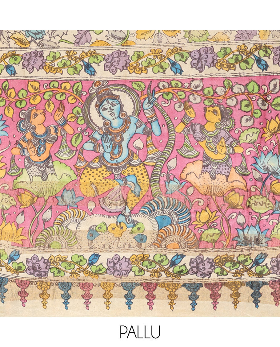 Sandal Floral Vine Pen Kalamkari Silk Saree, a Contrast Border, God Figurines Pallu, Contrast Blouse