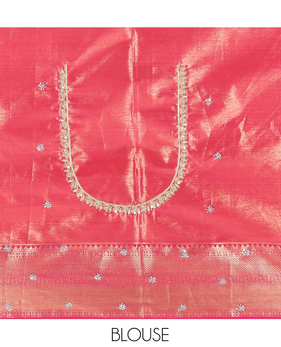 Red Vastrakala Silk Saree, Beautifully Highlighted with Floral Jacquard and Patch Stone Work, Highlighted by Traditional Zari and Lace Embroidered Border, Grand Scallop Design Stone Work Pallu, and Paired with Heavy Embroidered Blouse