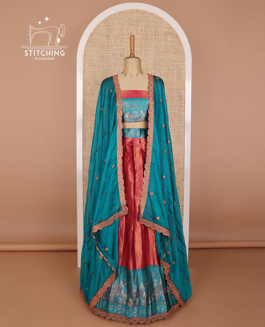 Red tissue half saree with contrast forest theme border, forest theme design blouse & floral embroidery, scallop border dhavani