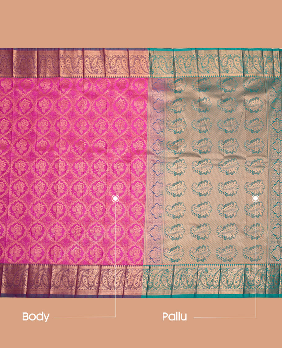 Rani Pink Budget Silk Saree, Accentuated with Jacquard, Complemented by Contrast Paisley Border, Pallu of Paisleys, and a Contrast Blouse