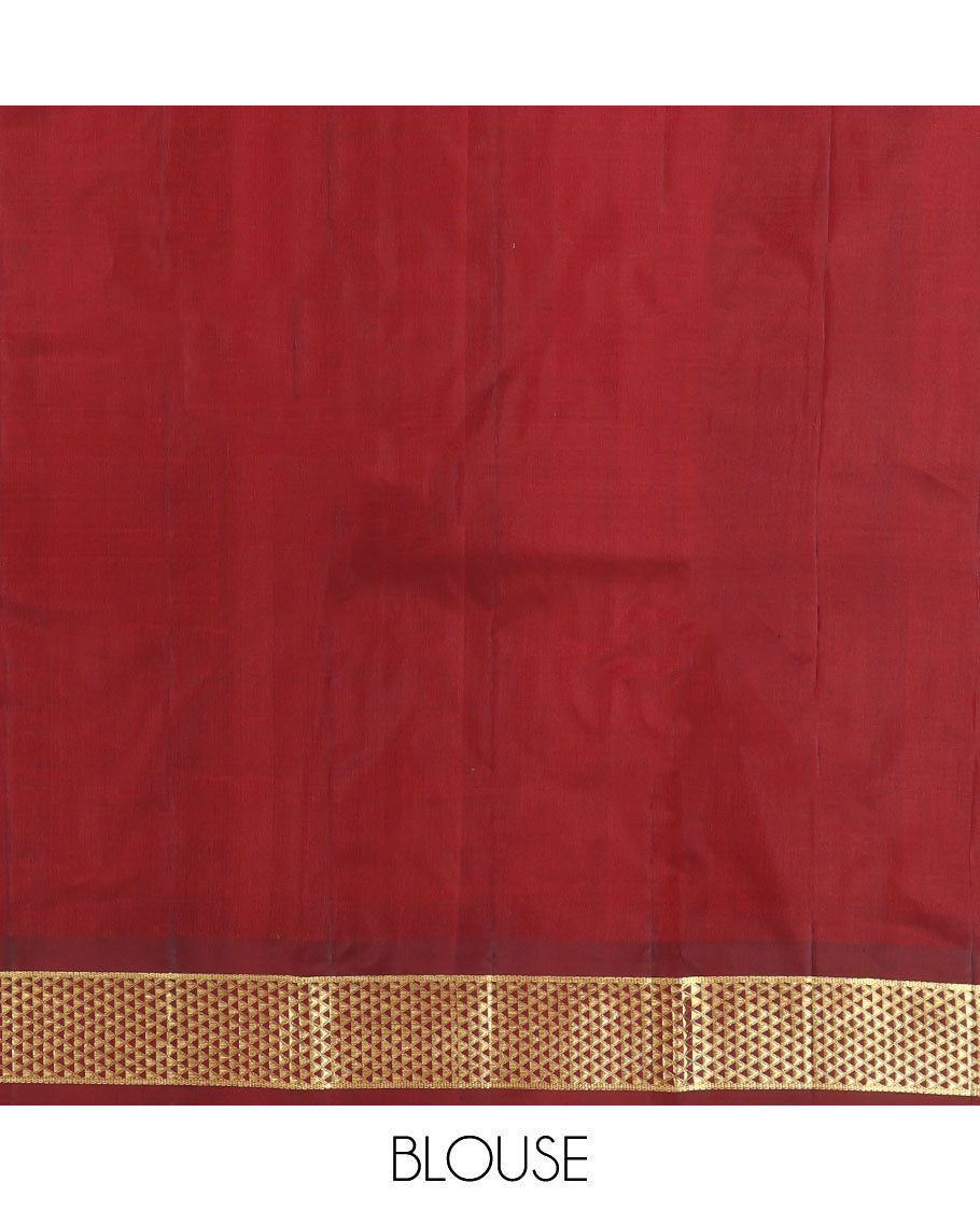 Red Kanchipuram Silk Saree, Adorned with Zari Buttas, Complemented by a Semi-Contrast Ara Madam Border, Pallu of Zari Design, and Matching Blouse