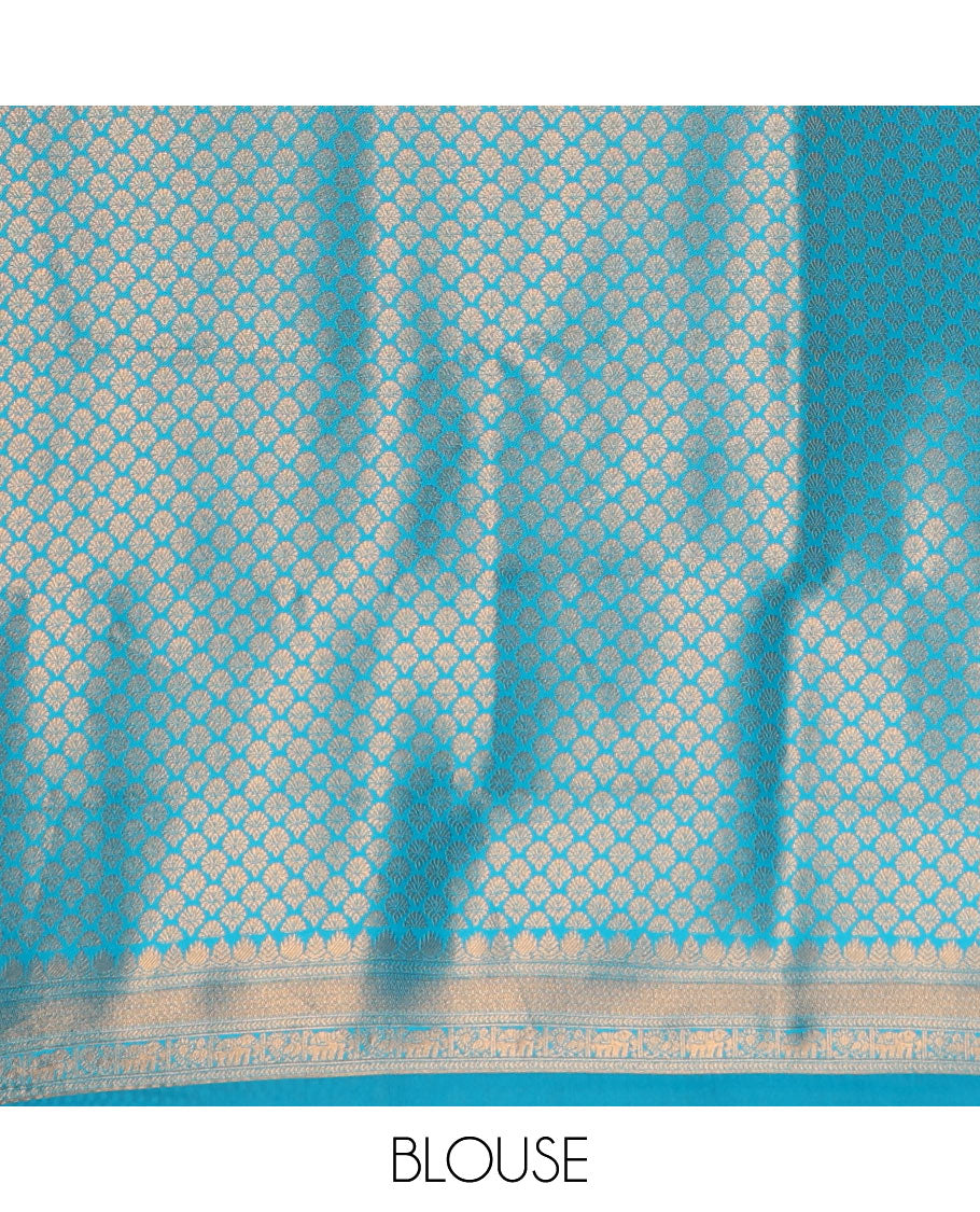 Navy blue copper zari buttas elite soft silk saree , contrast zari weaving border , contrast brocade rich pallu with tussels , and  contrast brocade blouse