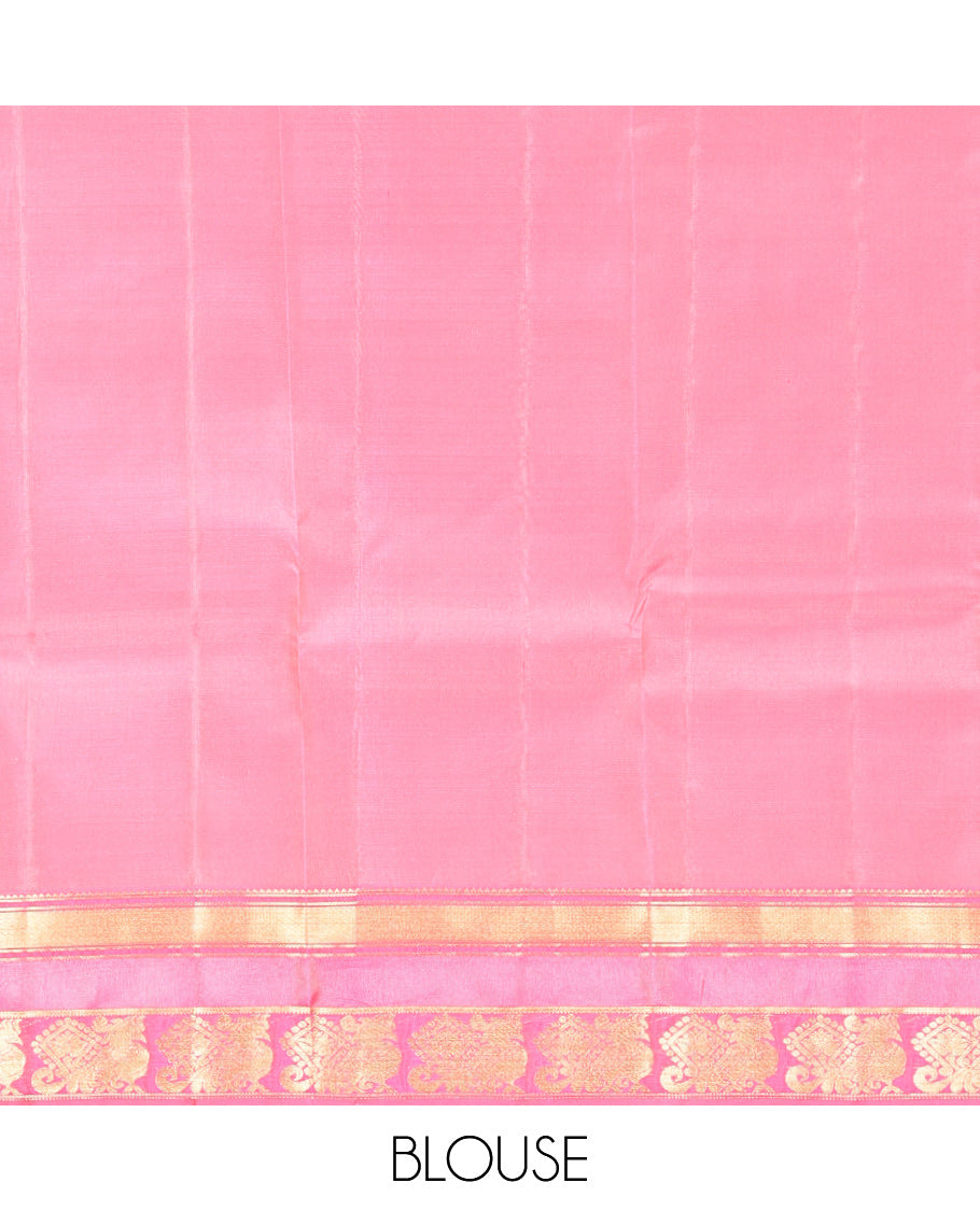 Pink Vasundhara Lite Silk Mix Saree, Embellished with Mayil Buttas, a Contrast Border of Mayil Kann and Annam Designs, Grand Pallu, and a Contrast Blouse
