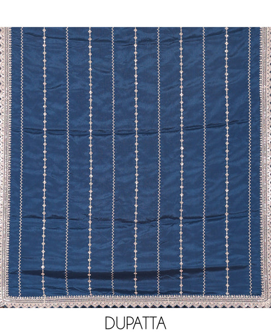 Blue Chudidar Set Mesmerized with Floral Jaal Jacquard Design Viscose Chinon Unstitched Top, Readymade Free Size Sharara Pants, and a Chinon Embroidered Scallop-Bordered Dupatta