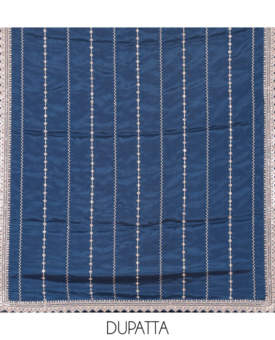 Blue Chudidar Set Mesmerized with Floral Jaal Jacquard Design Viscose Chinon Unstitched Top, Readymade Free Size Sharara Pants, and a Chinon Embroidered Scallop-Bordered Dupatta