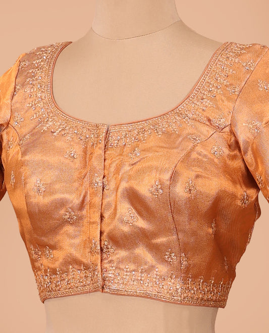 Orange thread embroidered front-back round neck elbow sleeve blouse