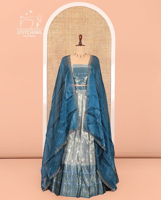 Grey-Peacock Blue Banarasi Half-Saree Features Buttas Skirt, Contrast Traditional Border, Matching Blouse, and Burberry Stonework Dhavani