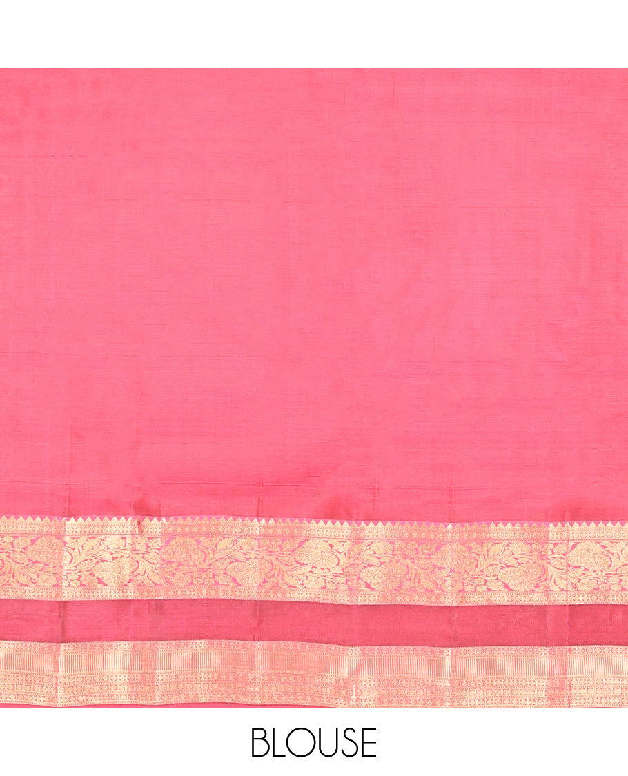 Rosewood Pink Vasundhara Lite Silk Mix Saree, Mesmerized with Zari Buttas, a Contrast Rettai Pettu Border of Rekku, Muthu, Lavangam, Poun, and Kodi Visiry Designs, Grand Pallu, and a Contrast Blouse