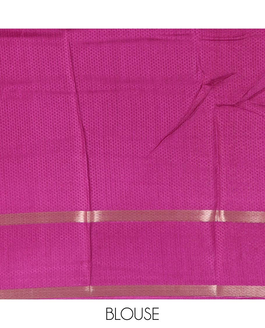 Olive green embossed moss chiffon saree, contrast traditional rettai pettu border, embossed pallu, and a contrast embossed blouse