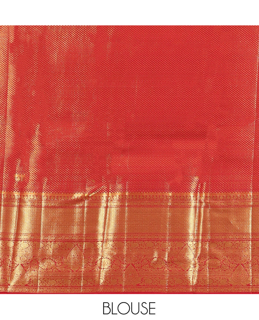Red Kanchipuram Tissue Silk Saree, Gracefully Embellished with Jacquard Designs on Its Body, Highlighted by a Zari Border of Traditional Designs, Intricately Designed Pallu, and Paired with a Matching Blouse