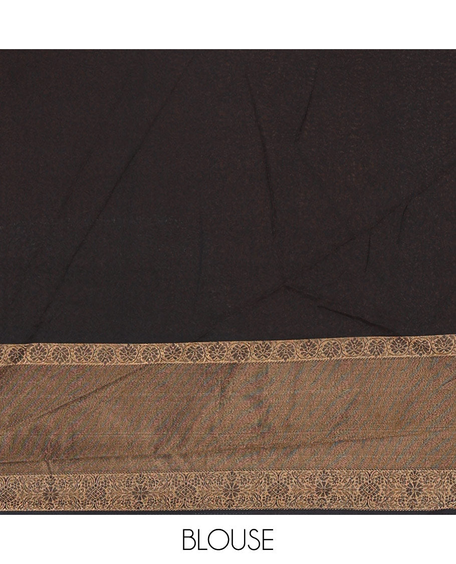 Mustard embossed moss chiffon saree, contrast zari and colorfully printed border and pallu of human figurines and Pichwai cows, and embossed blouse