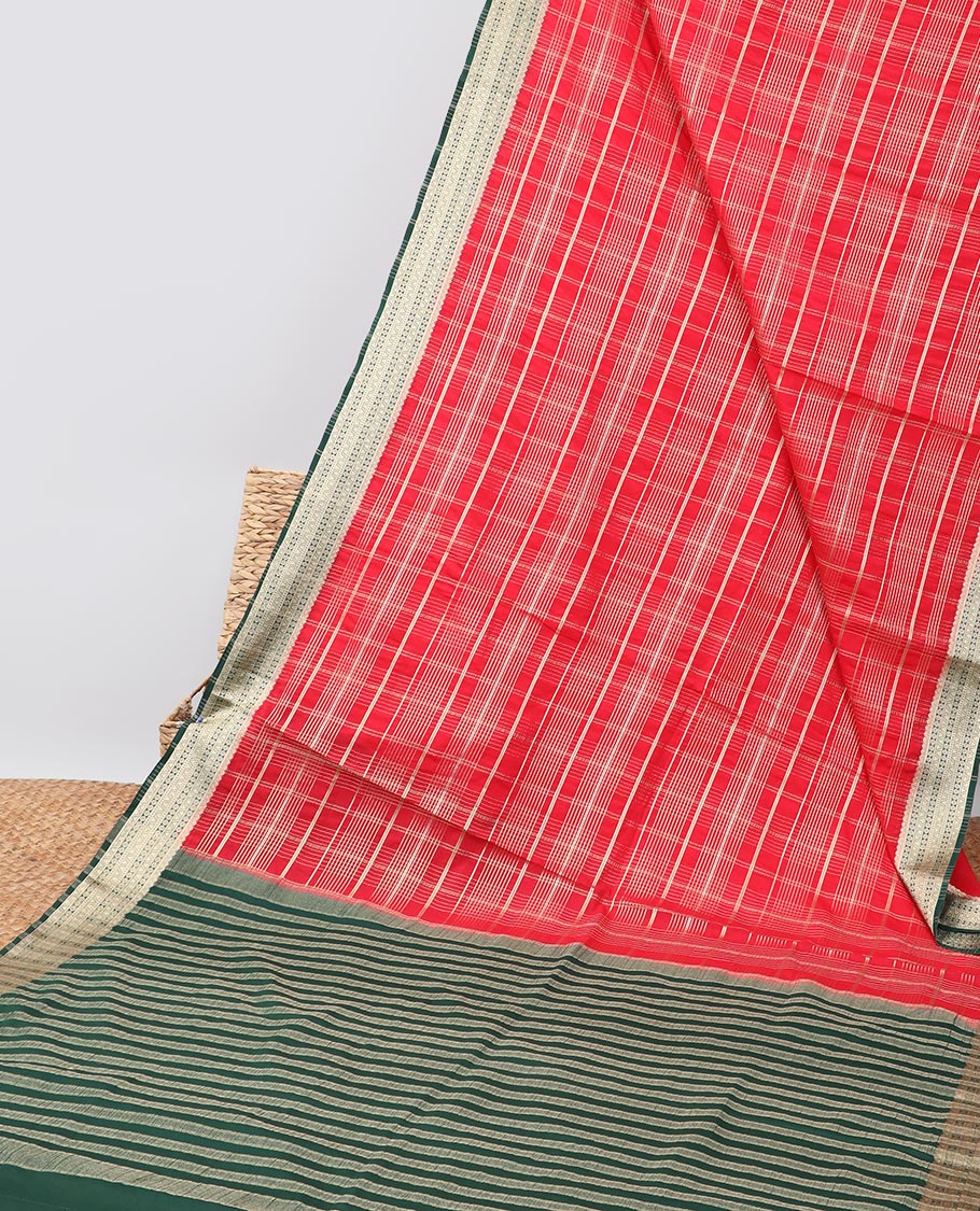 Red striped mysore silk saree with contrast traditional design border &  striped zari pallu