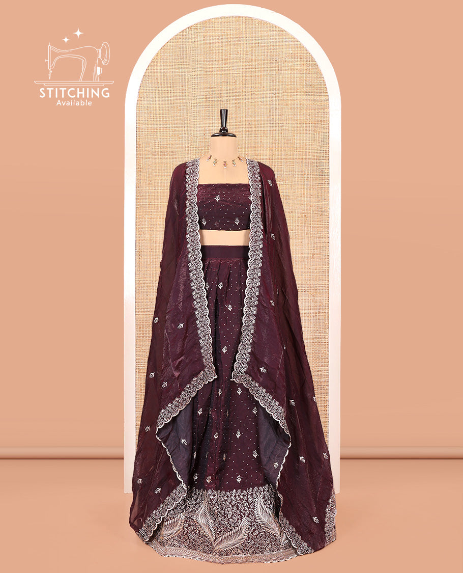 Wine Fendi Organza Half-Saree, with Embroidered Buttas on Its Skirt, Embroidered Scallop Border, Paired with a Matching Blouse, and an Embroidered Fendi Organza Scallop Dhavani