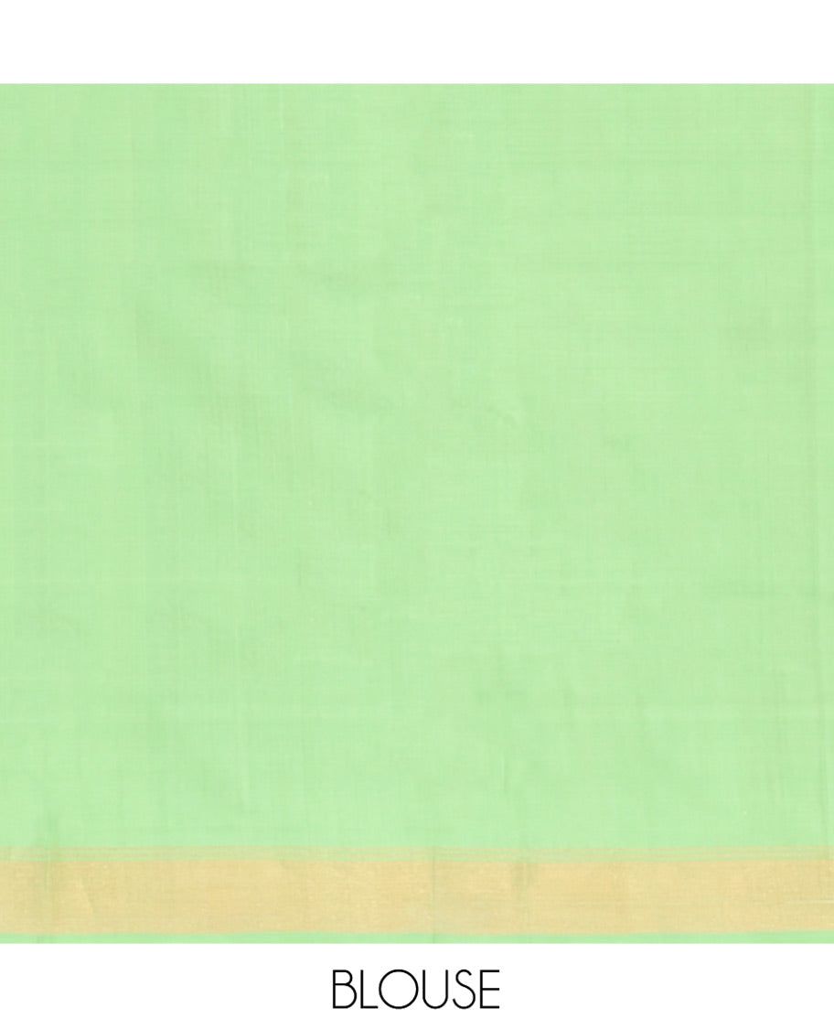 Pink Uppada Silk Saree Adorned with Parrot Zari Buttas, Complemented by Bavanji Border, Contrast Pallu Steeped with Parrot Zari Designs, and Paired with a Contrast Blouse