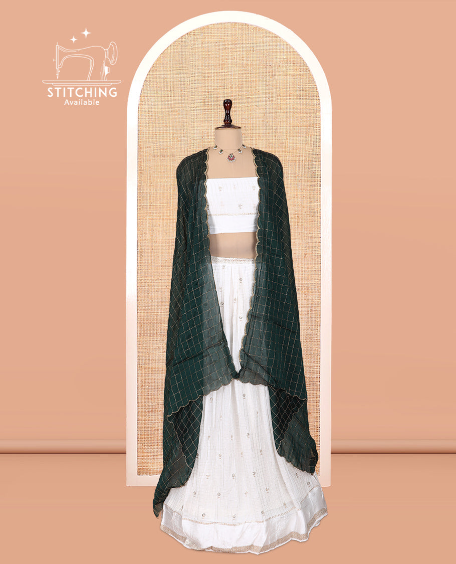 Cream-Bottle Green Viscose Georgette Hlaf-saree, Buttas Skirt, Matching Blouse, Contrast Checked Dhavani