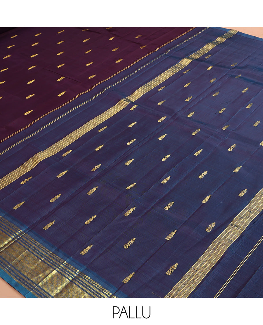 Brown Kanchipuram Silk Saree, Woven with Zari Buttas, a Contrast One-sided Border of Panner Sombu, Banaras, Muthu, and Mayil Kann Design, Zari Woven Pallu, and No Blouse