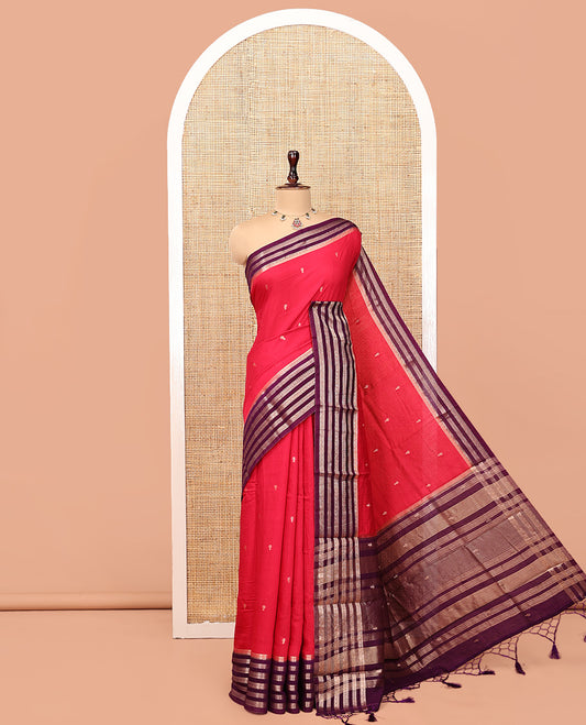 Red Assam Silk Saree, Embellished with Zari Buttas, Complemented by Contrast Traditional Zari Border, Striped Pallu, and Contrast Blouse