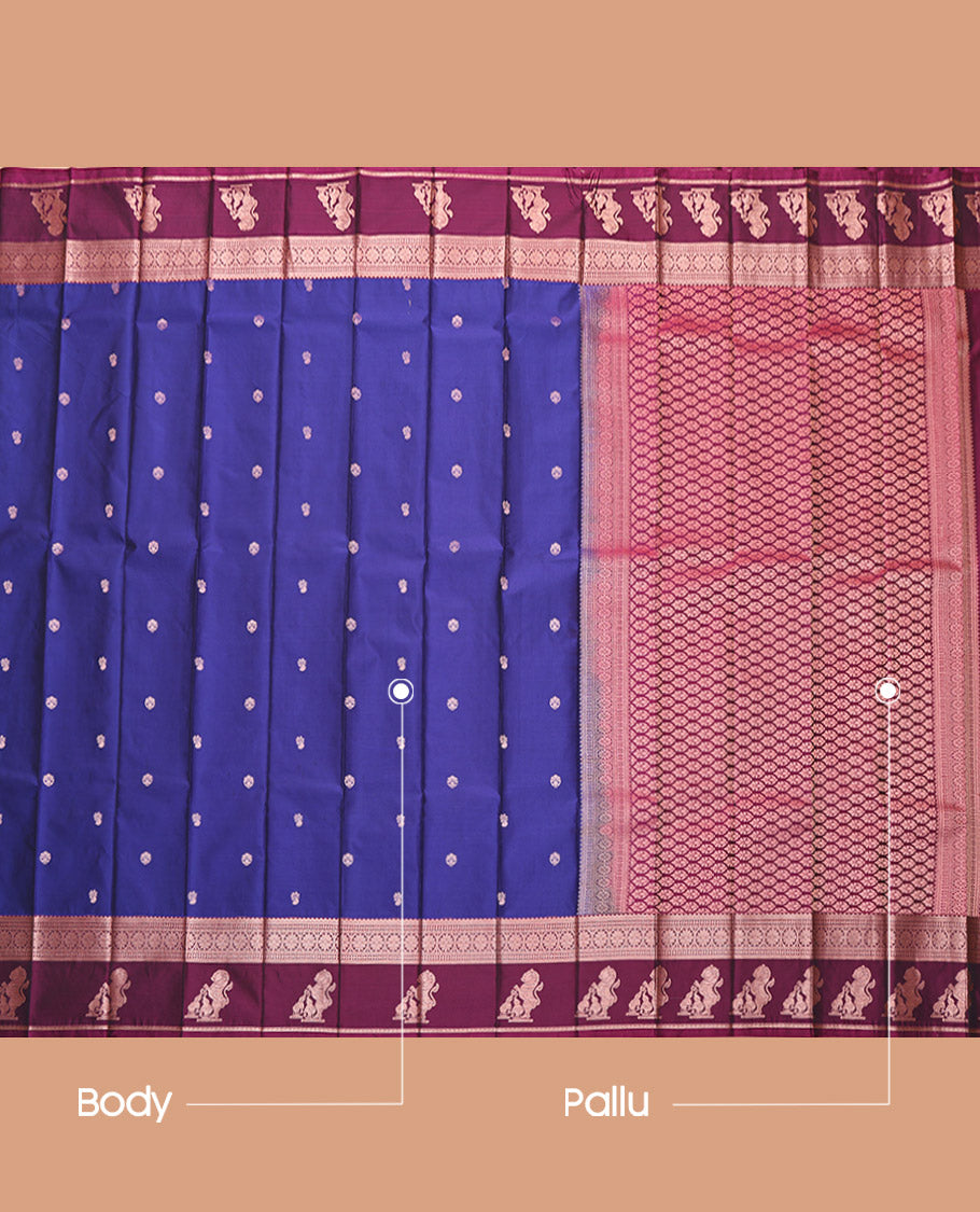 Blue Budget Silk Saree, Accentuated with Zari Buttas, Complemented by a Contrast Traditional Zari Border of Singam Designs, Grand Pallu, and a Contrast Blouse