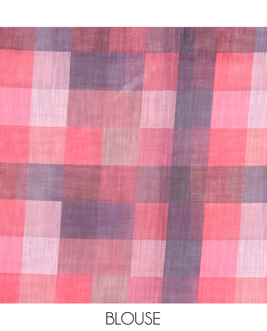 Cream-Pink Plain Handloom Cotton Saree, a Contrast Checked Border, Checked Pallu, and a Contrast Blouse