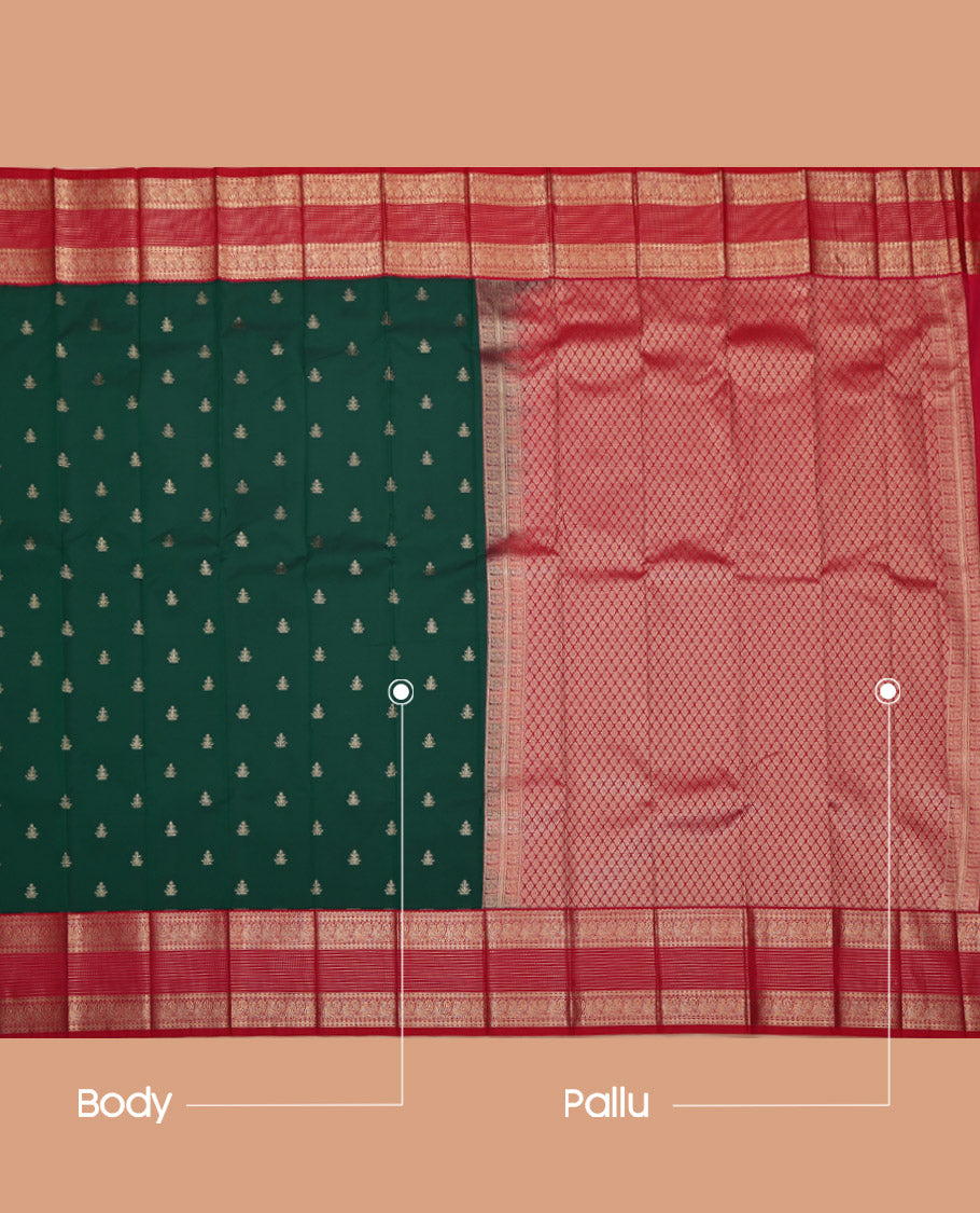 Dark Green Budget Silk Saree, Featuring Zari Buttas All Over Its Body, Complemented by a Contrast Traditional Zari Design Border, Grand Jaal Pallu, and Paired with a Contrast Blouse