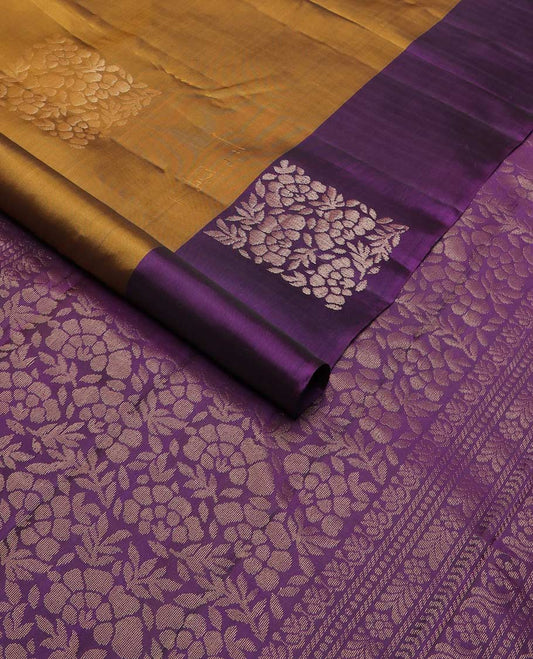 Mustard floral buttas silk mix saree, contrast floral zari buttas border & pallu of cross kamalam & floral designs