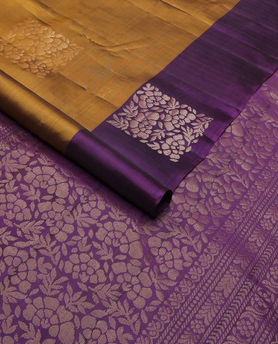 Mustard floral buttas silk mix saree, contrast floral zari buttas border & pallu of cross kamalam & floral designs