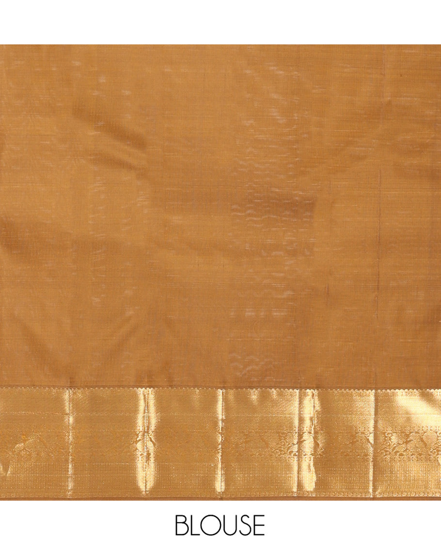 Brown Kanchipuram Silk Saree, Adorned with Yaanai Buttas, Highlighted by Zari Border of Rekku, Poun, Mayil, and Mayil Kann, Zari Design Pallu, and Matching Blouse