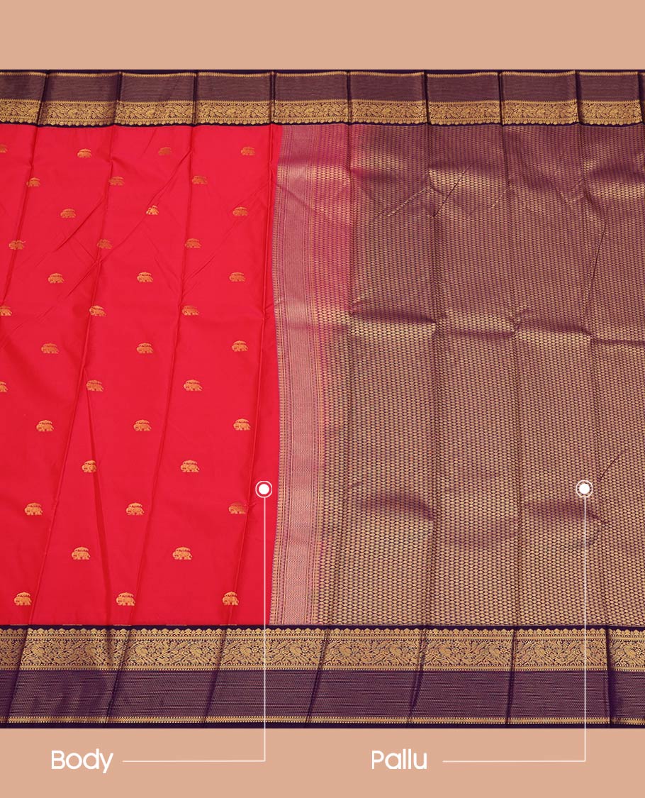 Red Budget Silk Saree, Adorned with Elephant Zari Buttas All Over Its Body, Complemented by a Contrast Traditional Zari Design Border, Grand Pallu of Jaal Designs, and Paired with a Contrast Blouse