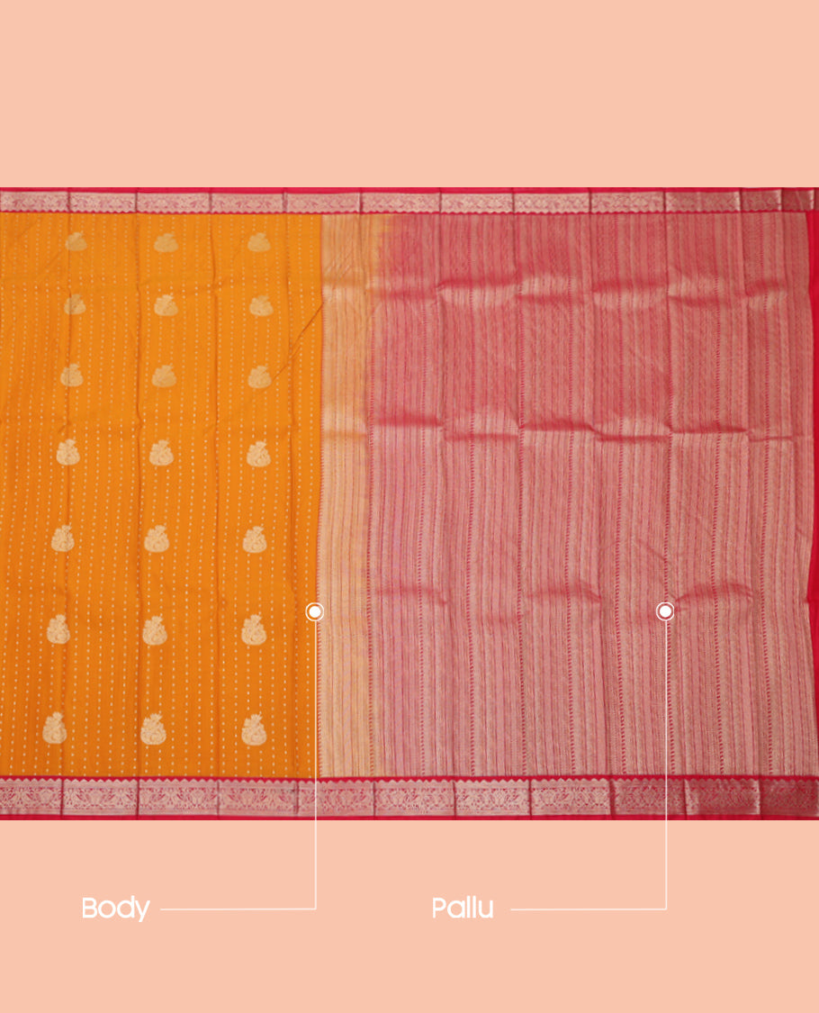 Orange Budget Silk Saree, Steeped with Zari Buttas, Complemented by a Contrast Traditional Zari Border, Geometric Pallu, and a Contrast Blouse