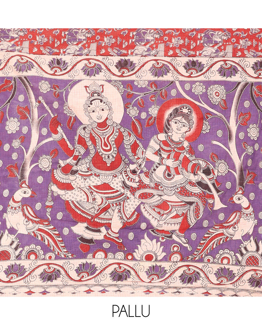 Borderless Red Kalamkari Cotton Saree Features Human Motifs Print, Contrast Ancient Human Printed Kalamkari Pallu, and a Contrast Blouse