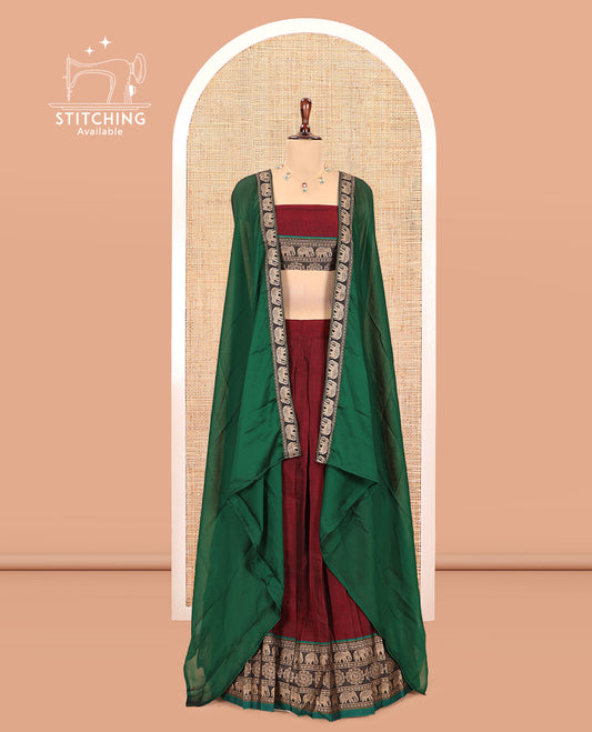 Maroon Mercerised Cotton Half-Saree, Plain Skirt, an Elephant Motif Border, a Matching Blouse, Contrast Dhavani
