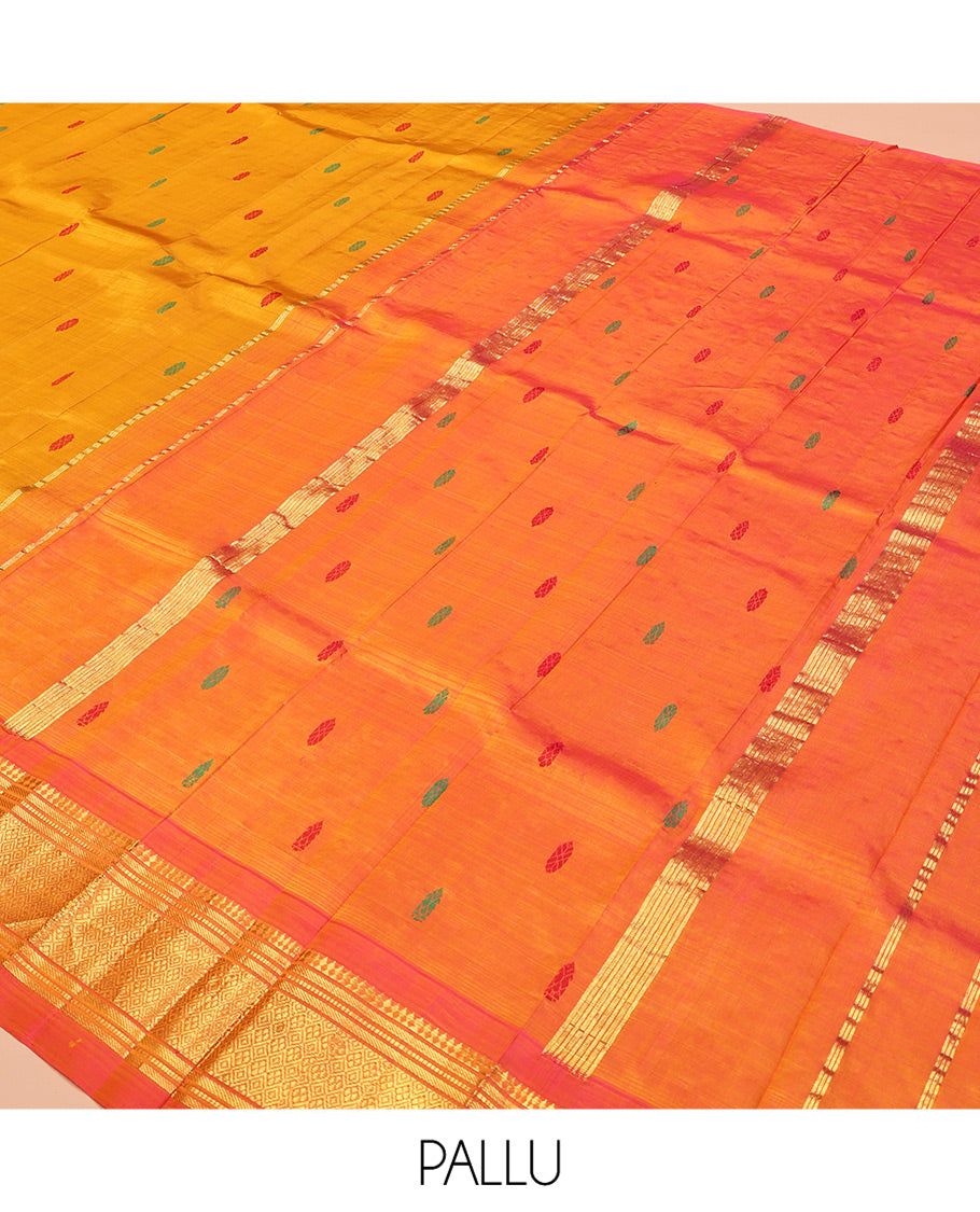 Orange Kanchipuram Silk Saree, Woven with Thread Buttas, Contrast One-Sided Border of Panner Sombu, Banaras, Muthu, and Jaal Designs, Zari Design Pallu, and No Blouse
