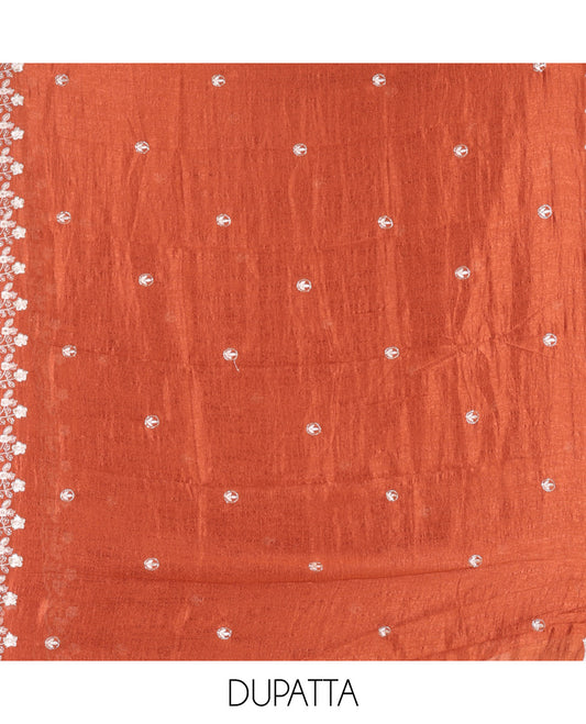 Rust Semi-Silk Material Churidar Features a Floral Embroidered Top, a Matching Bottom, Embroidered Dupatta