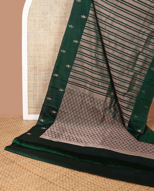 Bottle green striped floral design silk saree with self floral design border & ogee design pallu