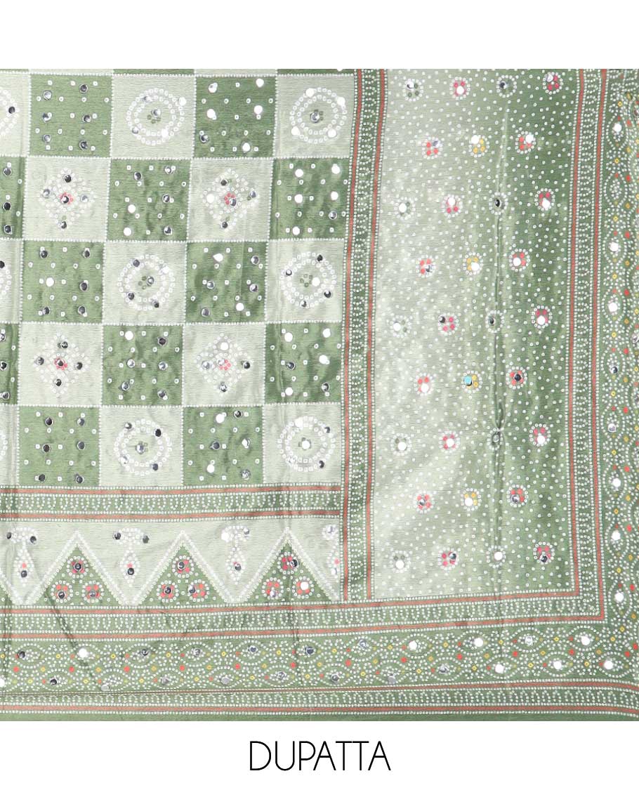 Pista green bhandani print, stone,mirror work crepe chudidhar  material top with american crepe pant & chinnon material bhandani print, mirror work dupatta