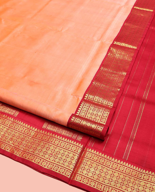 Peach Plain Nine-Yard Silk Saree, Complemented by a Contrast Korvai Border of Thilakam Mokku, Star Vanki, and Rudraksham, Pallu of Traditional Designs, and No Blouse