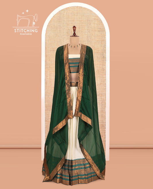 Cream-Green Semi-Silk Half-Saree