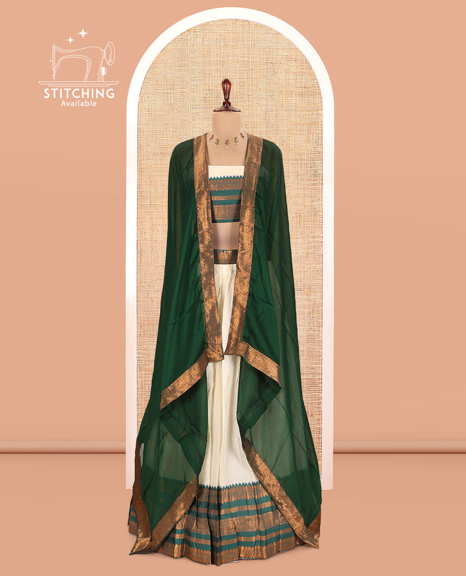 Cream-Green Semi-Silk Half-Saree