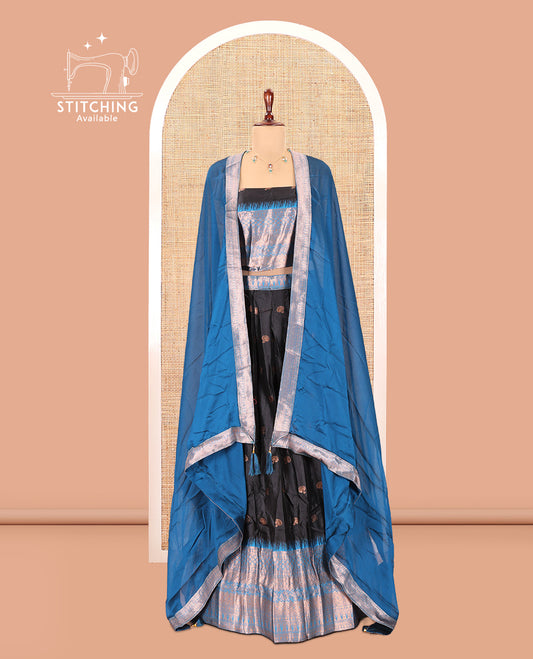 Black-Firozi Blue Semi-Silk Half-Saree Features Zari Buttas Skirt, Contrast Traditional Zari Border, a Matching Blouse, a Contrast Blouse