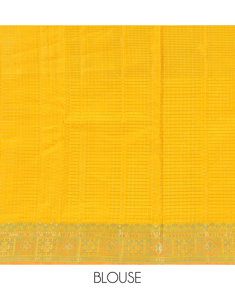 Yellow Kanchipuram Designer Silk Saree, Beautifully Bedecked with Stripes and Unique Buttas All Over Its Body, Meenakari-Style, Uniquely Patterned Border, Pallu of Vanki Designs, and Paired with a Matching Blouse