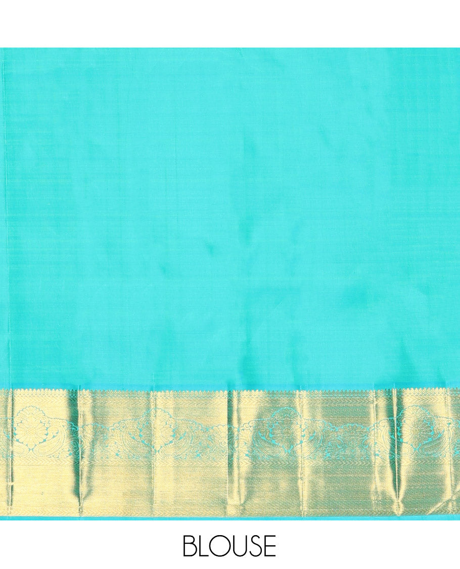 Blue Kanchipuram Wedding Silk Saree, Decked Up with Jacquard Design, Zari Border of Thilakam Mokku, and  Manga Designs, Grand Jaal Pallu, and a Matching Blouse