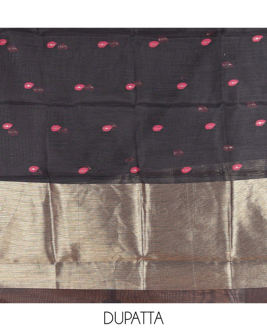 Black Semi-Linen Material Churidar, Delicately Woven with Thread Buttas Skirt, a Plain Bottom, and a Thread Buttas Dupatta