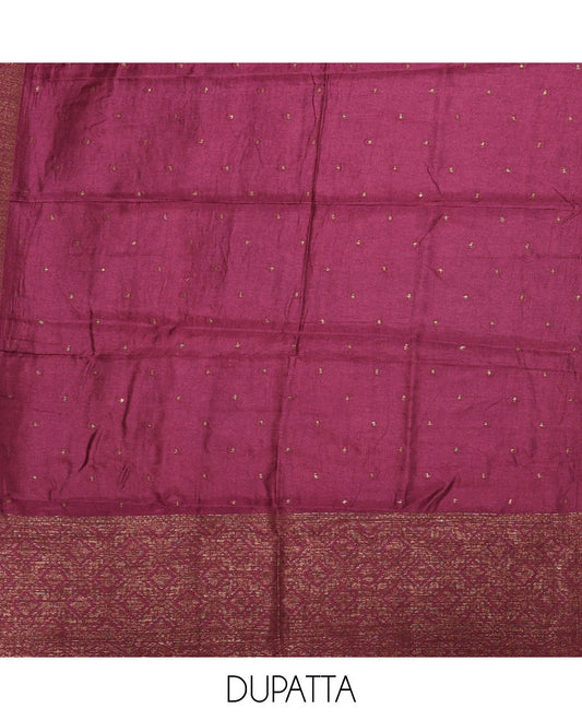 Purple material chudidar set, copper zari buttas and jaal design semi-modal silk top, plain santoon bottom, and zari design woven semi-modal silk dupatta