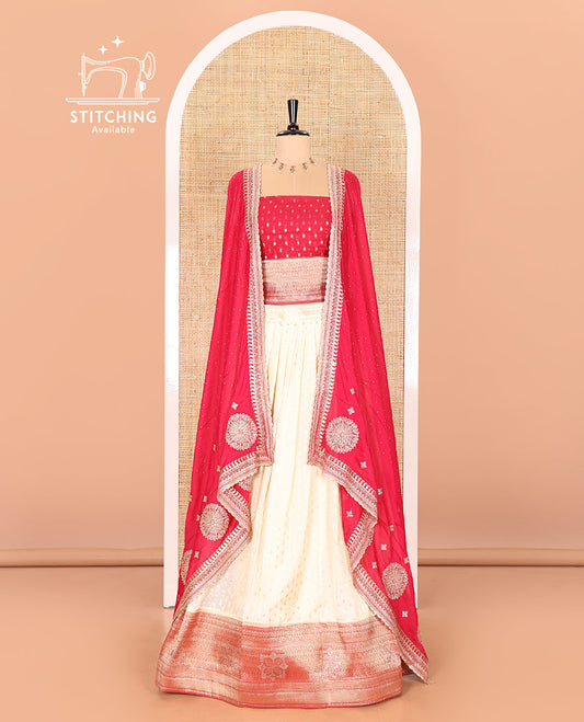 White Buttas Embroidered Half-Saree with Contrast Traditional Motifs, Embroidered Viscose Georgette Border, Contrast Blouse, and an Intricately Embroidered Syska Georgette Dhavani