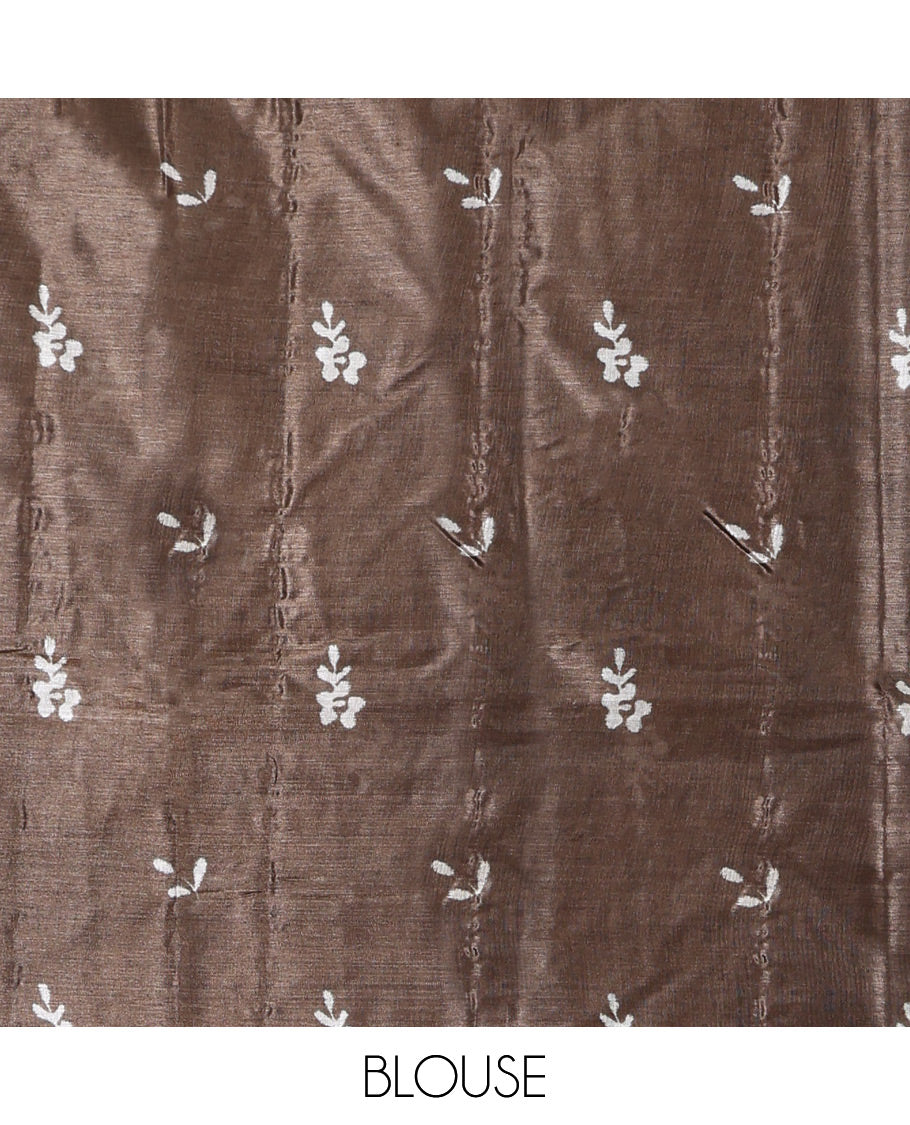Brown Tusser Silk Saree, Finely Crafted with Paisley Embroidered Buttas, a Embroidered Border, Paisley Pallu, and a Matching Blouse