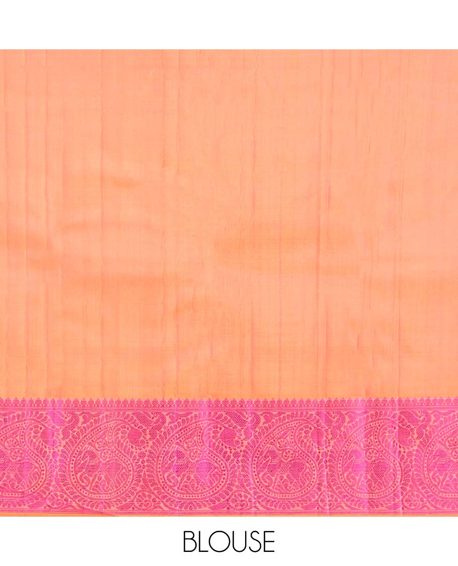 Pink Kanchipuram Silk Saree, Prettified with Mayil-Chakram Buttas, a Contrast Arumbu Manga Border, Jaal Pallu, and a Contrast Blouse