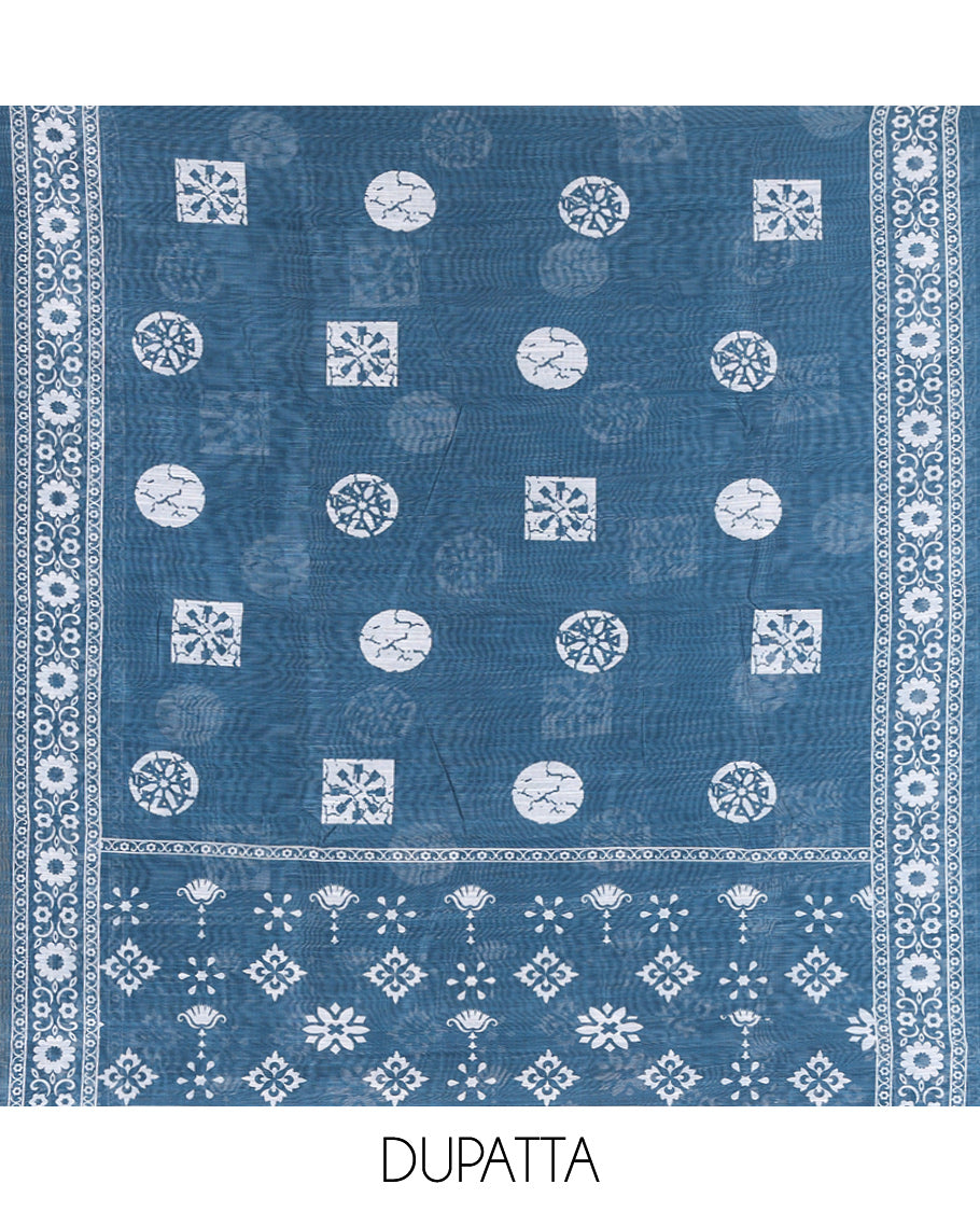 Peacock Blue Chanderi Material Chudidar Features Batik Printed Top, a Matching Bottom, and Batik Printed Dupatta