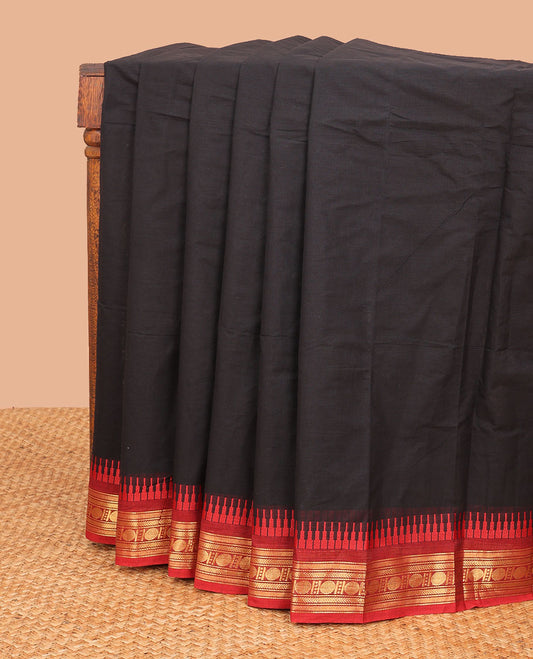 Black chettinad cotton saree with contrast border of temple rudraksh designs & ganga jamuna border