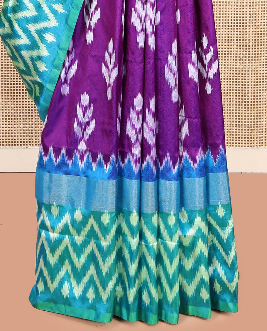 Purple Pochampally Ikat Silk Saree, Embellished with Ikat Buttas, Complemented by a Contrast Chevron-Striped Border, Ikat Chevron Pallu, and a Contrast Blouse