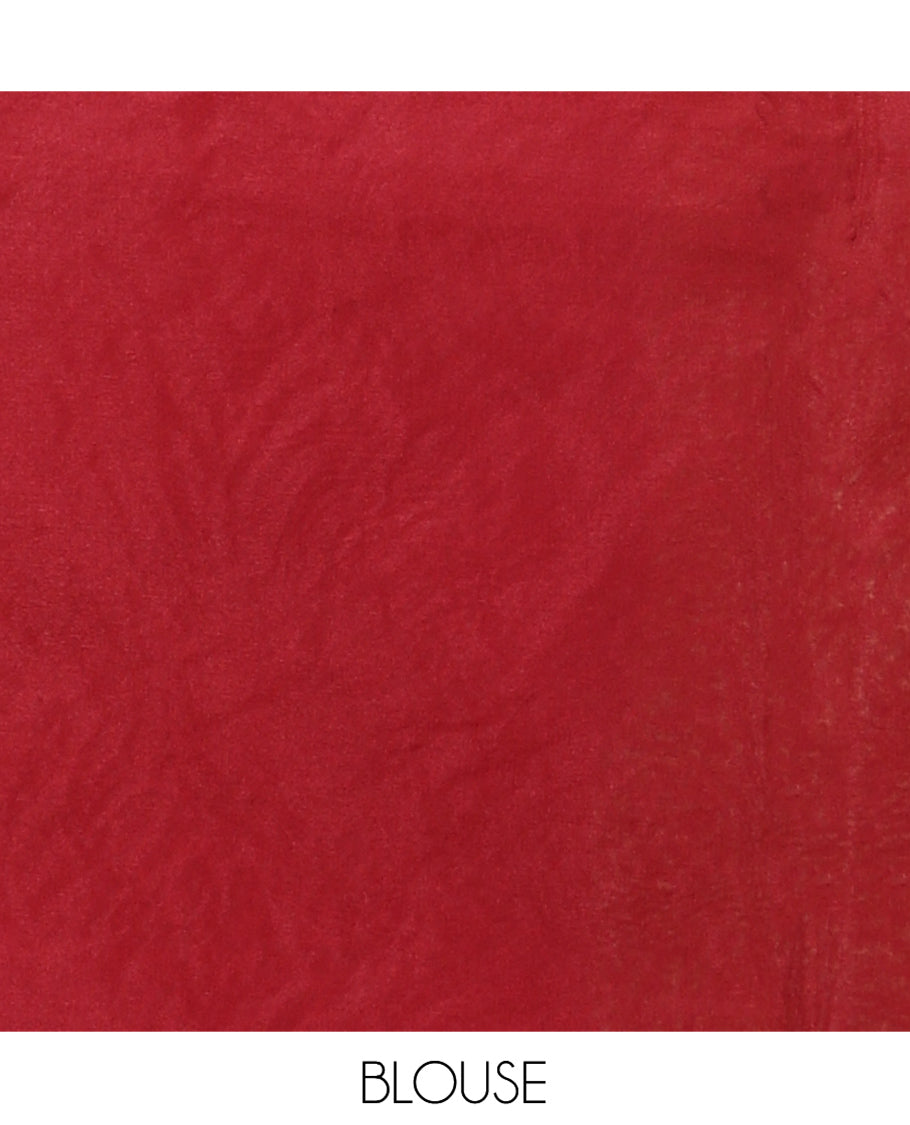 Maroon Organza Saree, Delicately Woven with Floral Embroidery, a Scallop Border, and a Matching Blouse